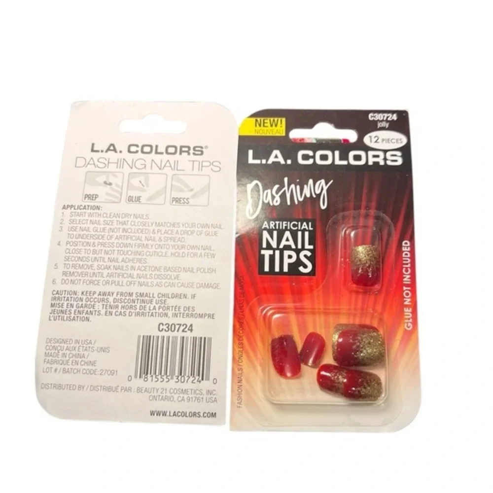 NEW L.A. COLORS ARTIFICIAL NAIL TIPS - 2 Sets Of 12 pcs each‎ JOLLY Red and Gold
